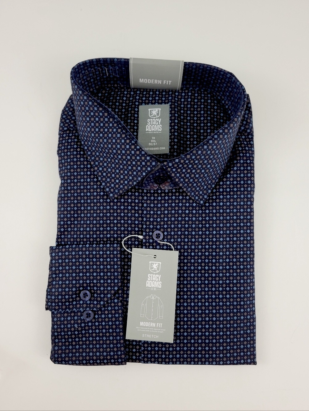 Stacy Adams Men's Navy and Light Blue Patterned Moder Fit Dress Shirt